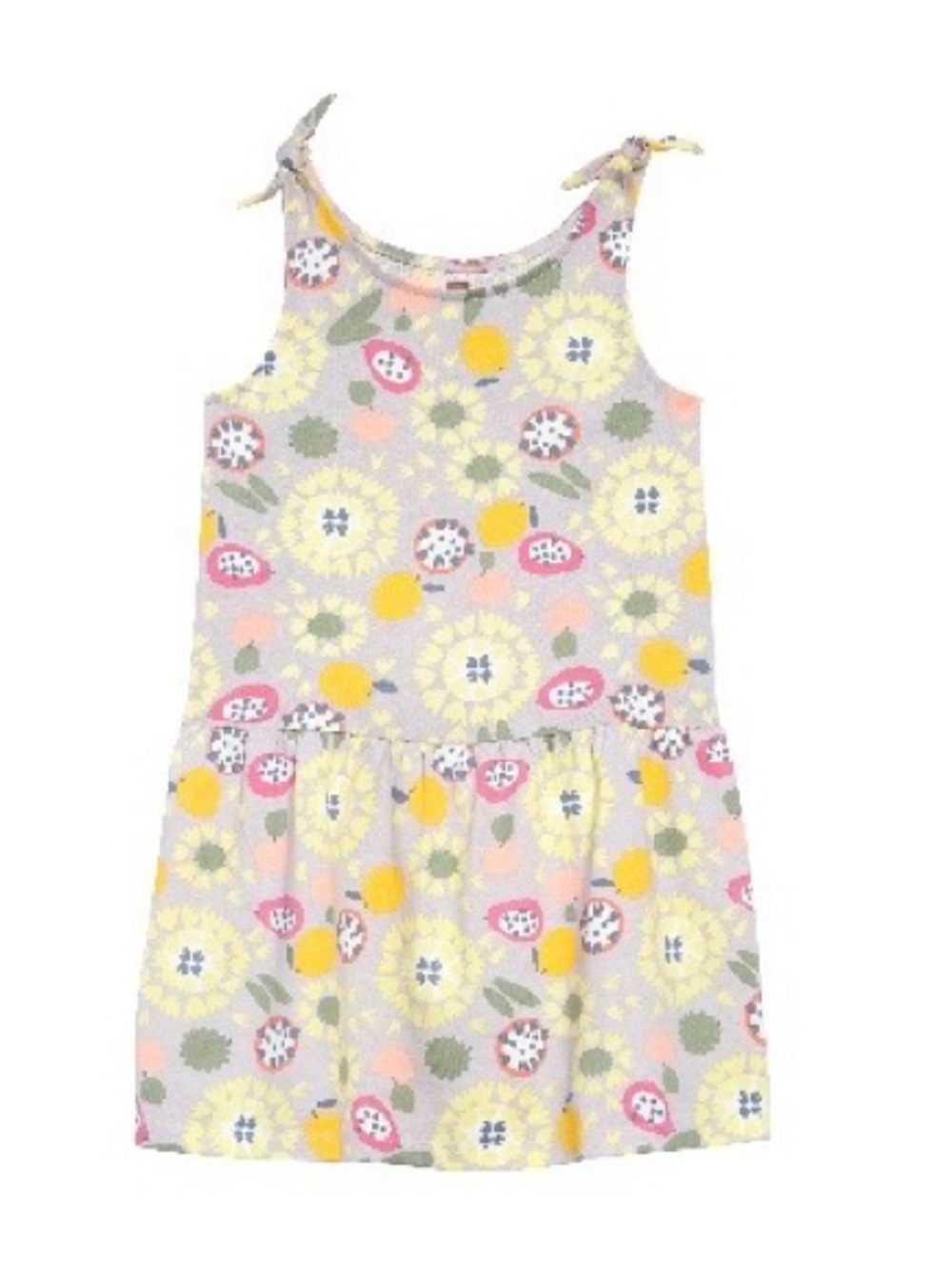 Tea Collection Fruit Floral Print Tie Shoulder Dress Yellow Gray Pink Girls 5